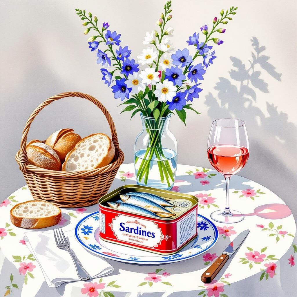 Sardines Still Life in Minimalist Watercolor Style