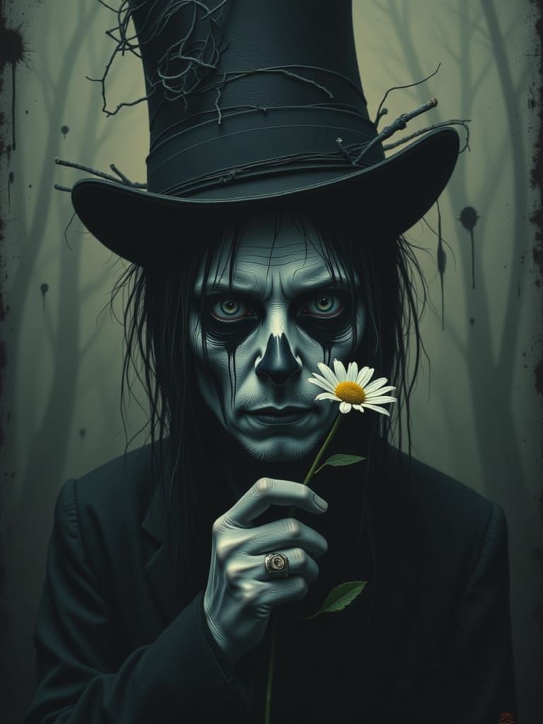 Glitched Man with Vortex Eyes Holding a Daisy