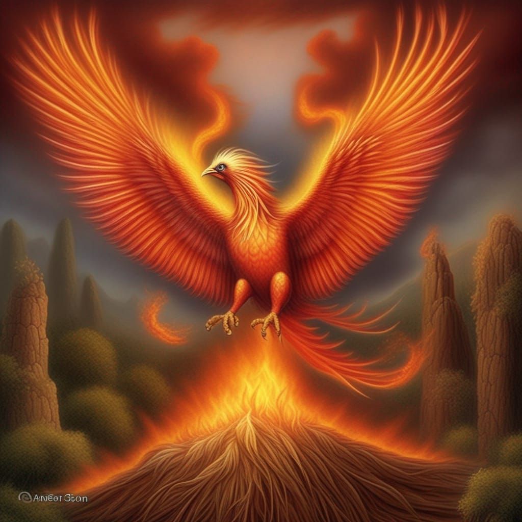 Phoenix Rising from Fire in Realistic Style