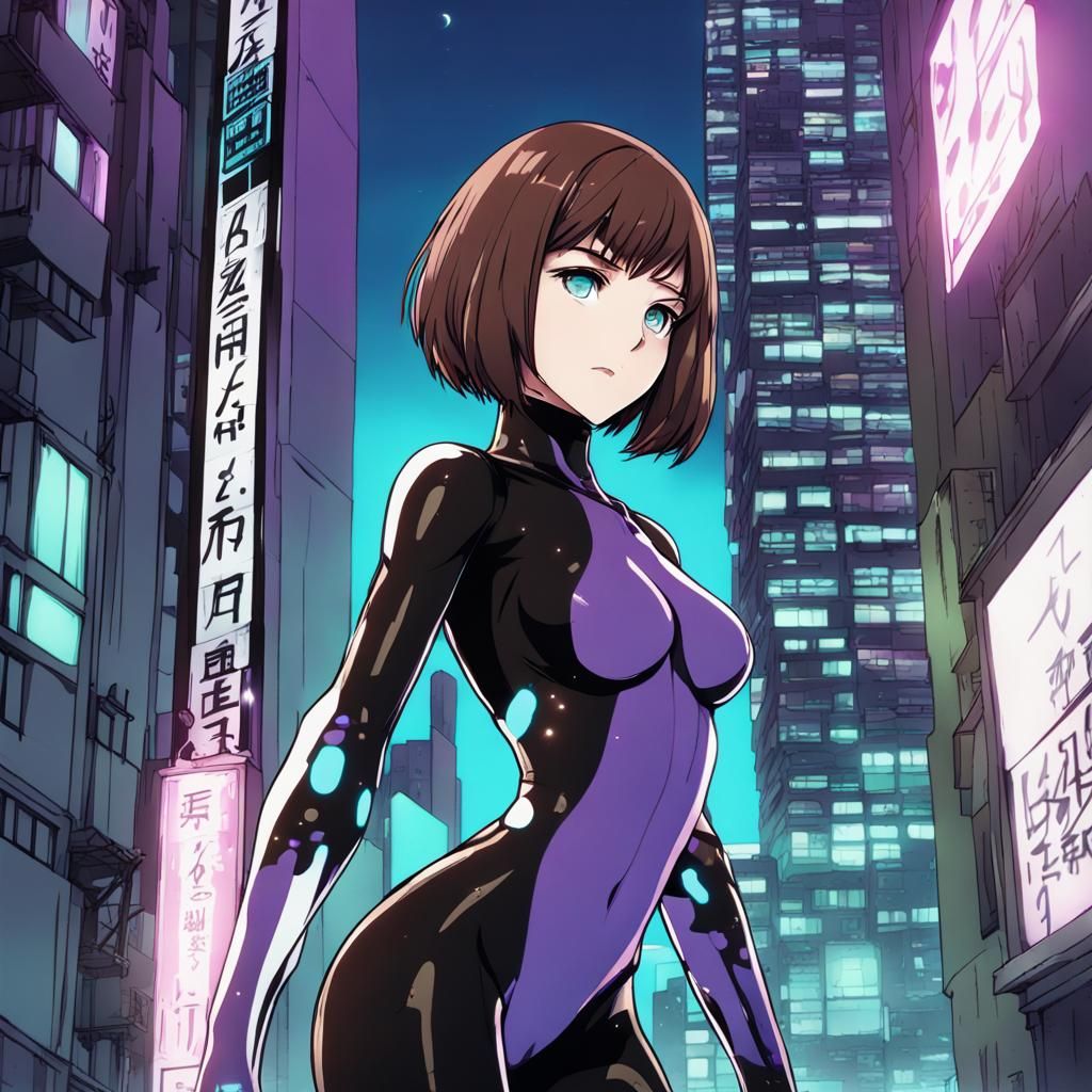 Cyberpunk Woman with Bob Haircut in Anime Style
