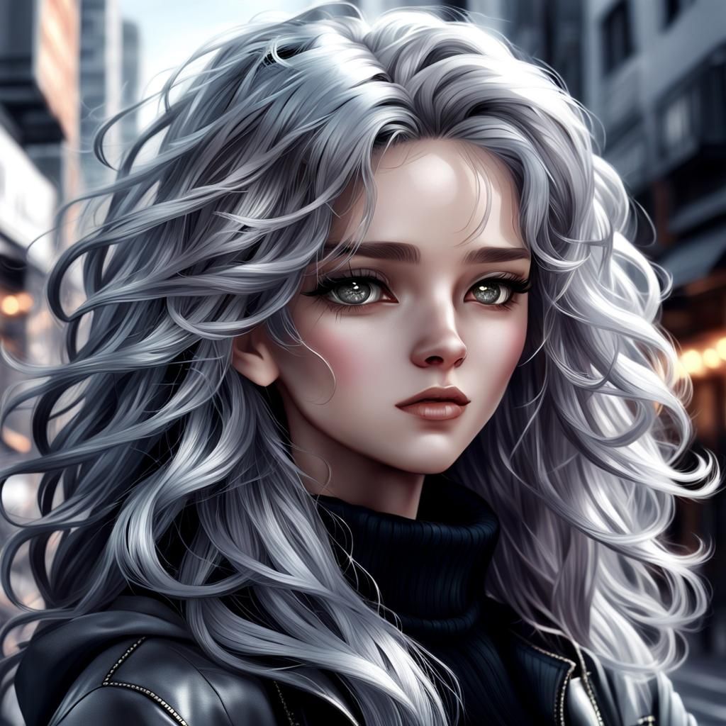 Silver Hair Close-Up: Digital Art Portrait