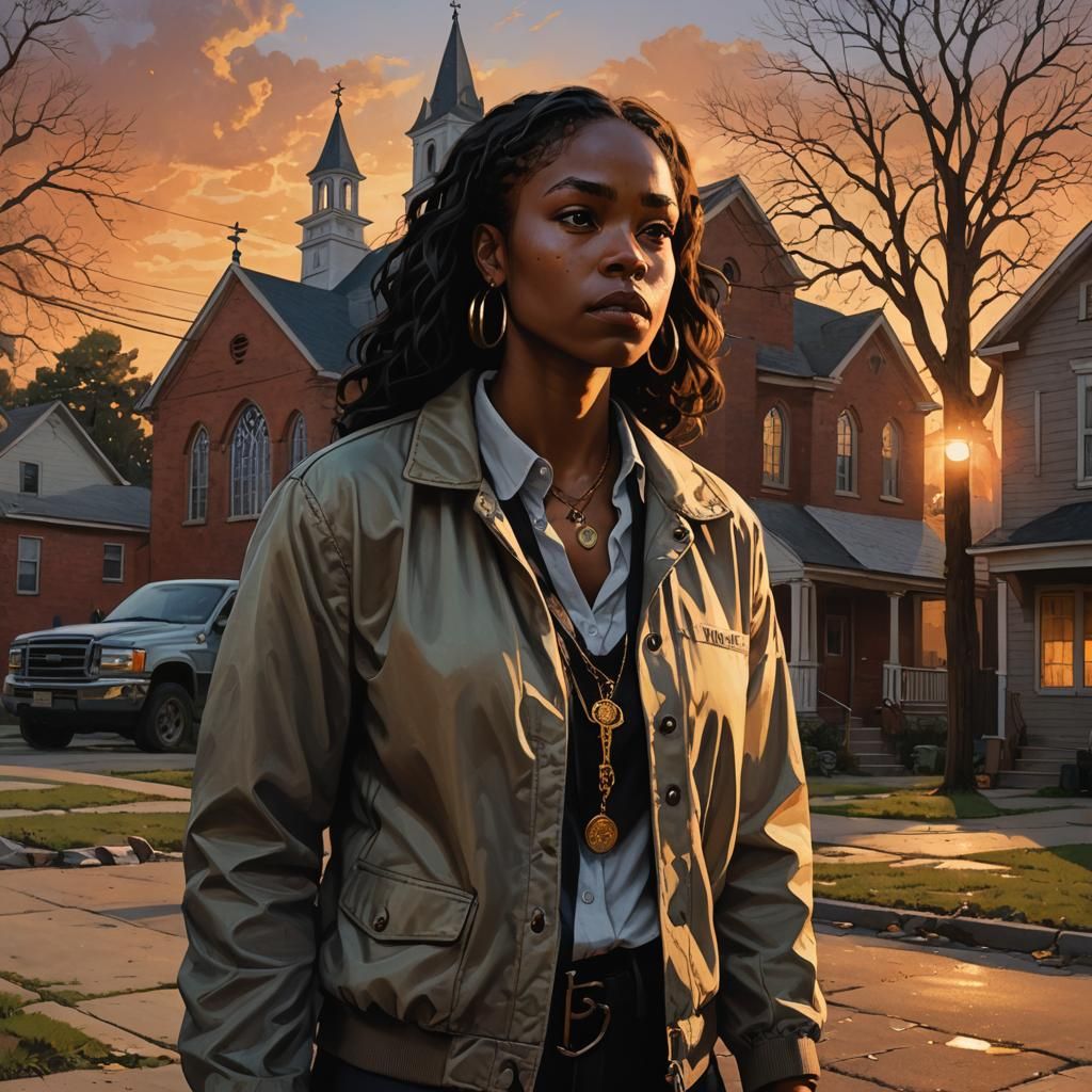 Woman with Pendant Outside Church: Dark Fantasy Art