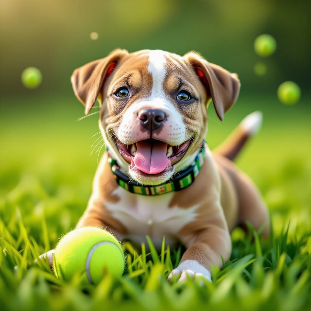 Adorable Pitbull Puppy Playing Ball in Hyper-Realistic Style