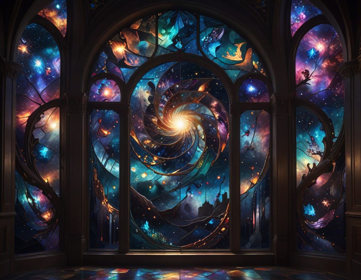 Intricate Stained Glass Nebula Window with Celestial Light