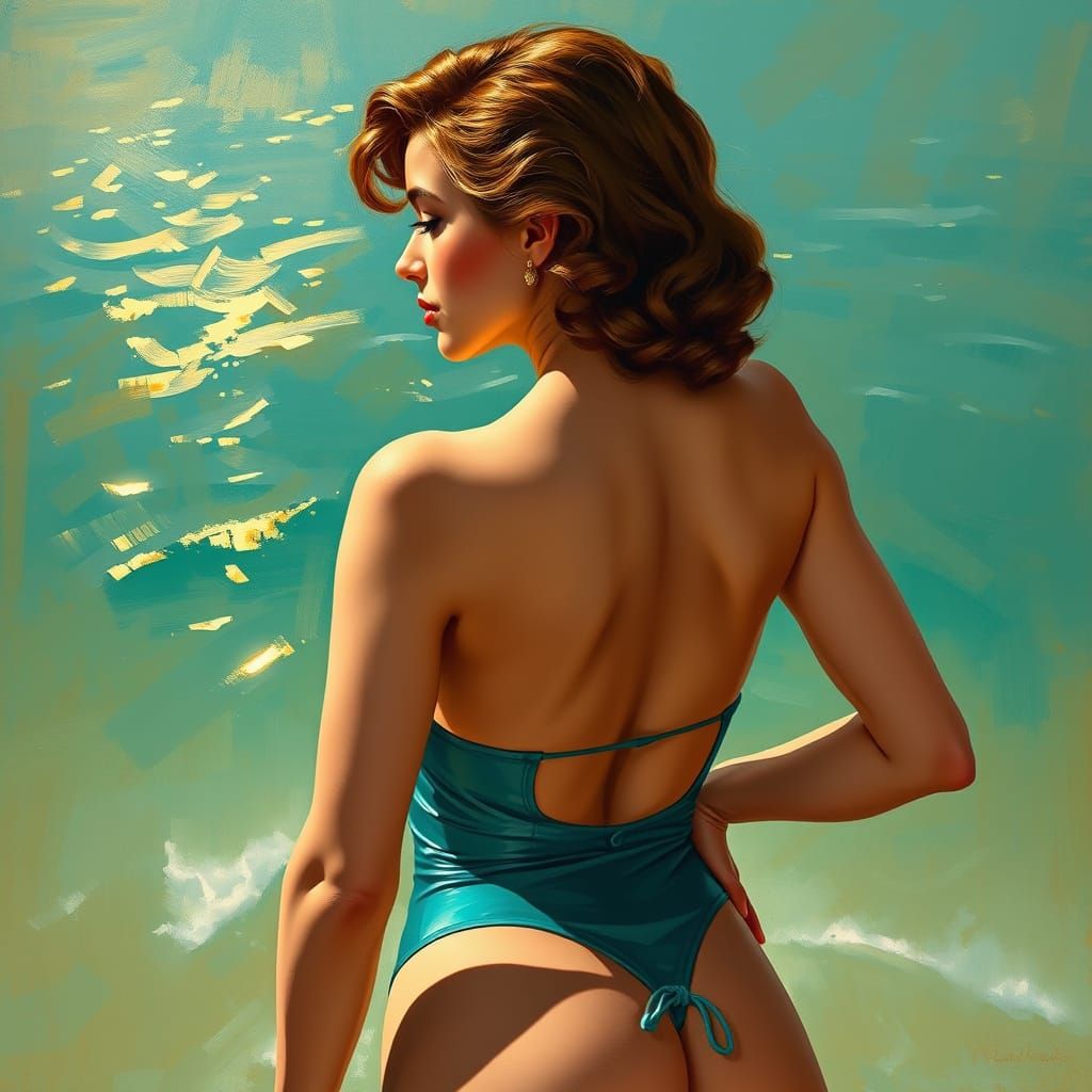 1950s Pin-Up in Latex Bikini: Impressionistic Style