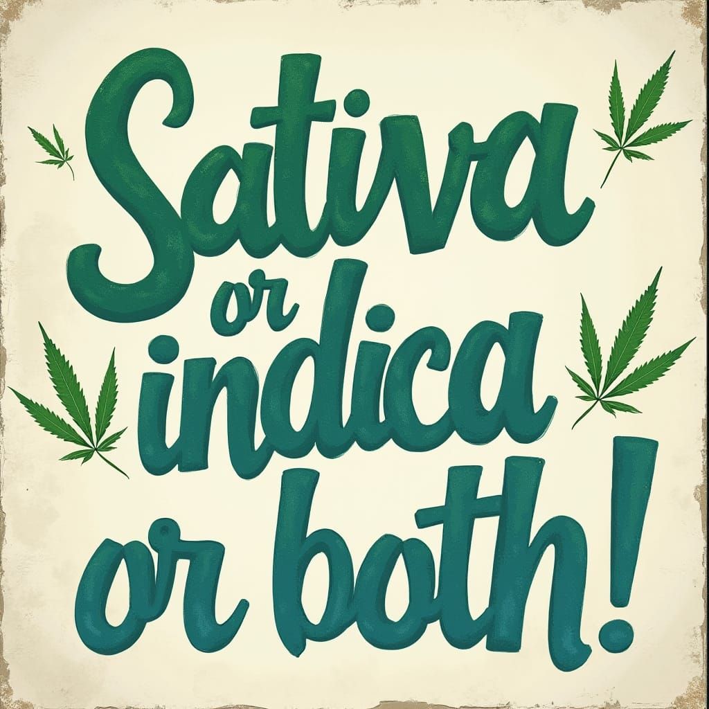 Sativa and Indica Cannabis Strains in Bold Cursive Text