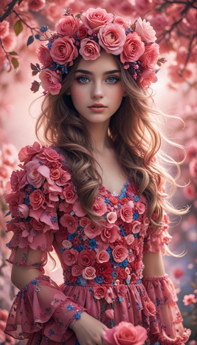 Elegant Woman in Vibrant Roses and Blue Eyes