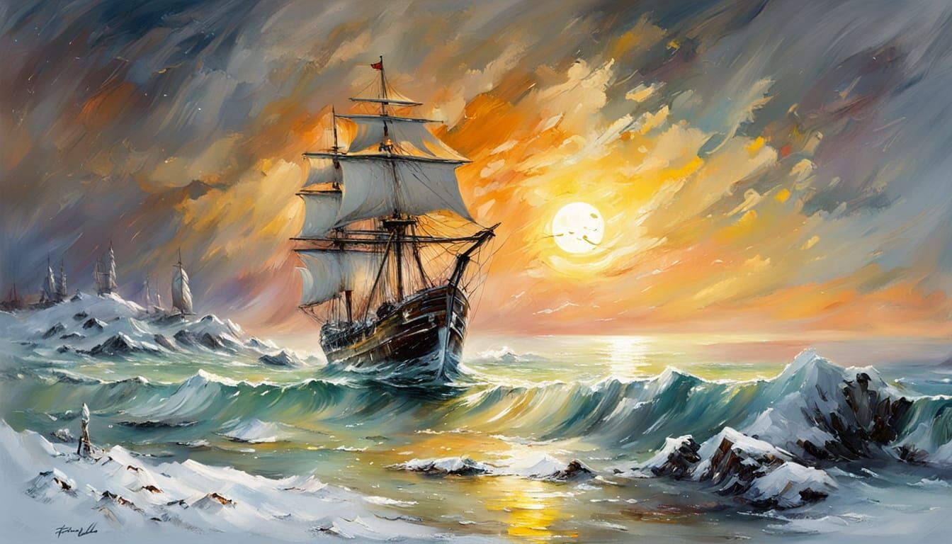 Winter Seascape: Ghost Ship in Snowstorm