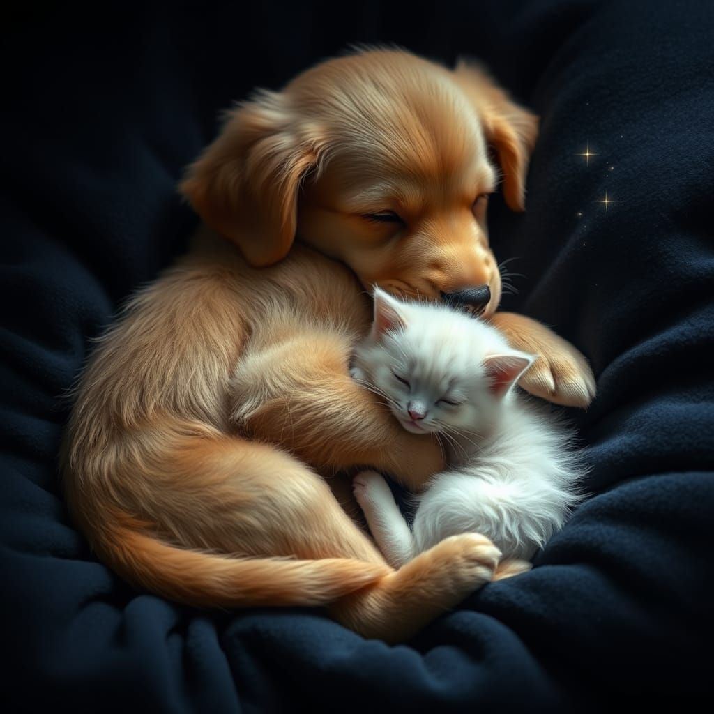 Puppy and Kitten Snuggled in Dreamy Embrace