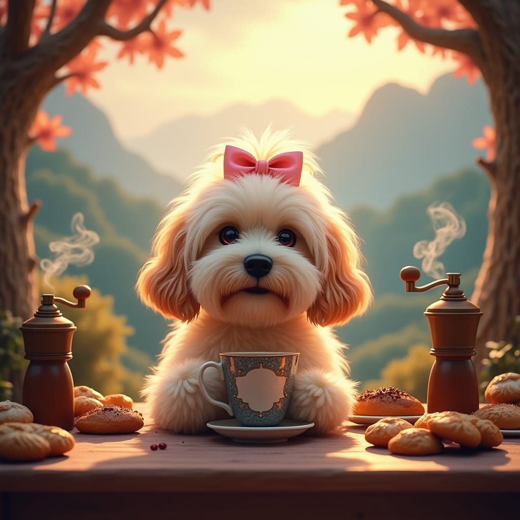 Havanese Dog with Coffee Cup in Dreamlike Setting
