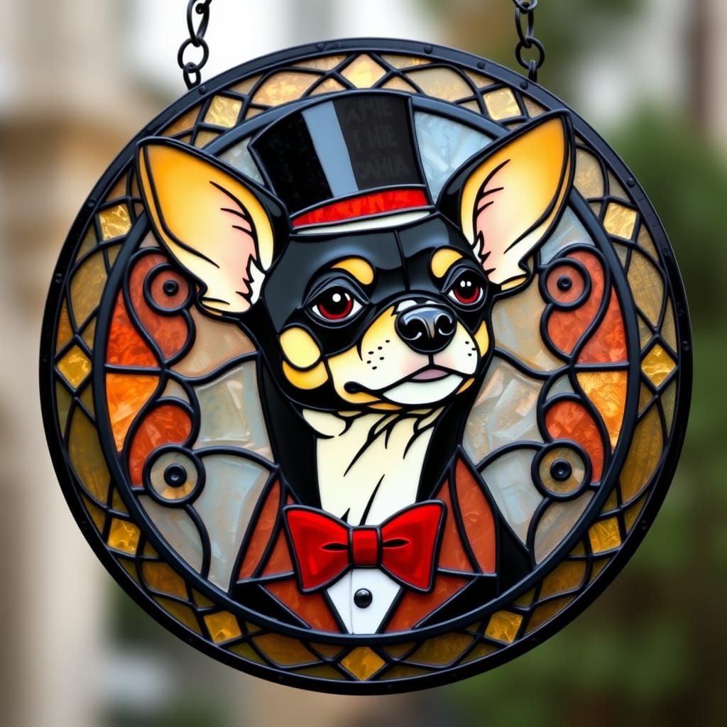 Chihuahua in Tuxedo Stained Glass Sign Art