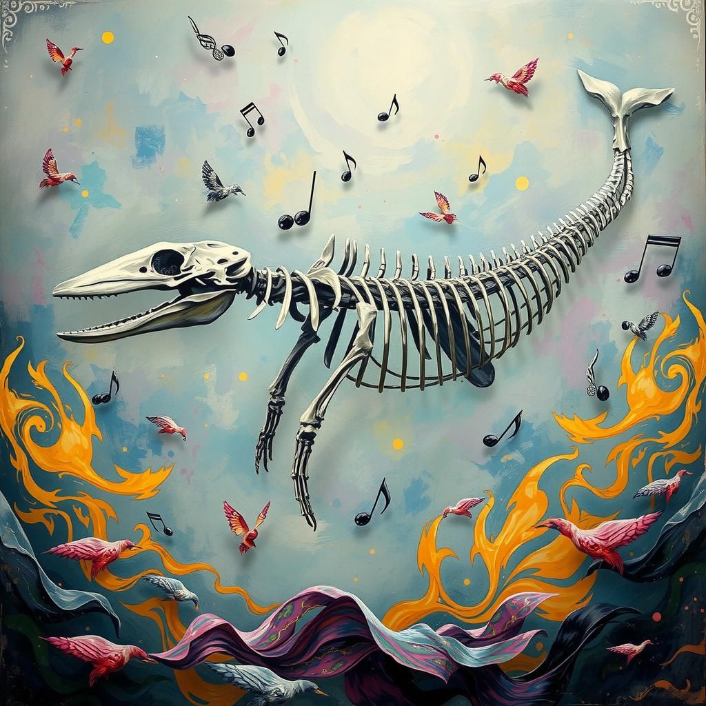 Whale Skeleton in Pop Art Style with Musical Notes