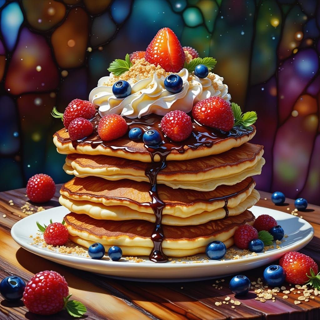Fluffy Pancakes with Berries and Chocolate Sauce