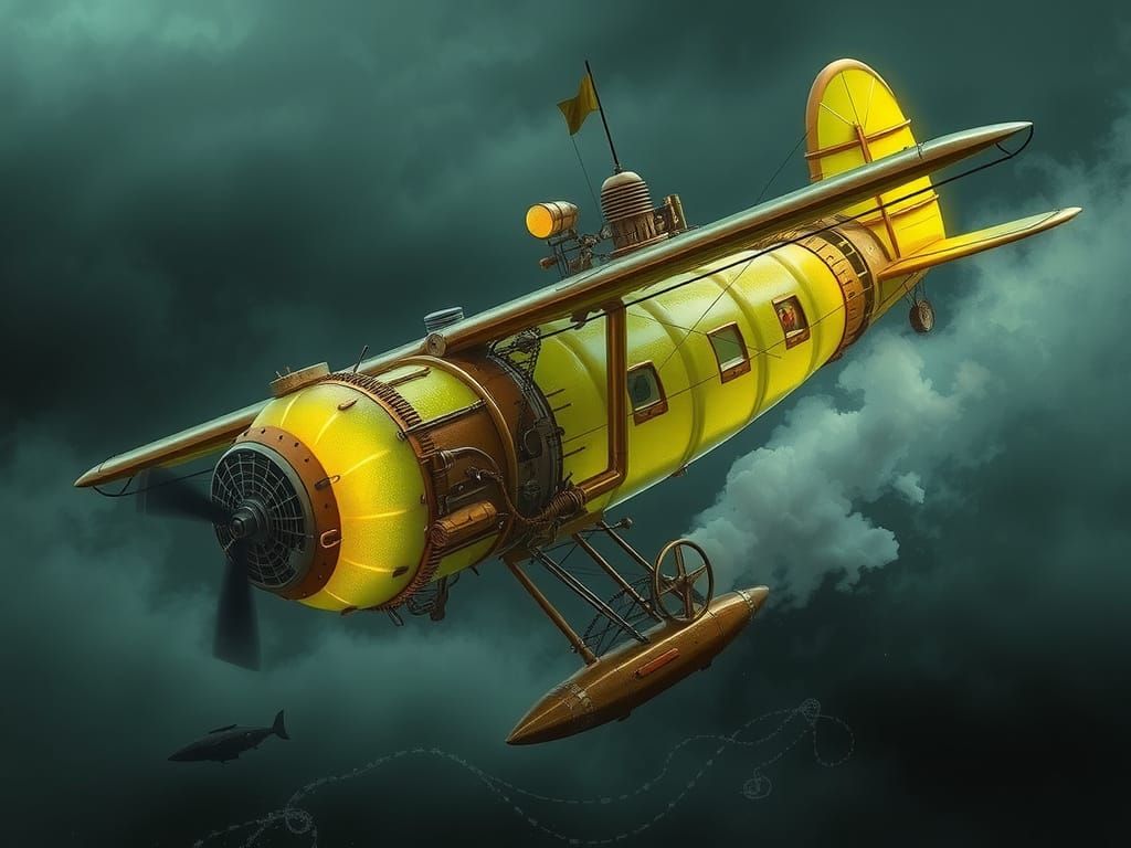 Majestic Steam Punk Seaplane in Ethereal Green Glow