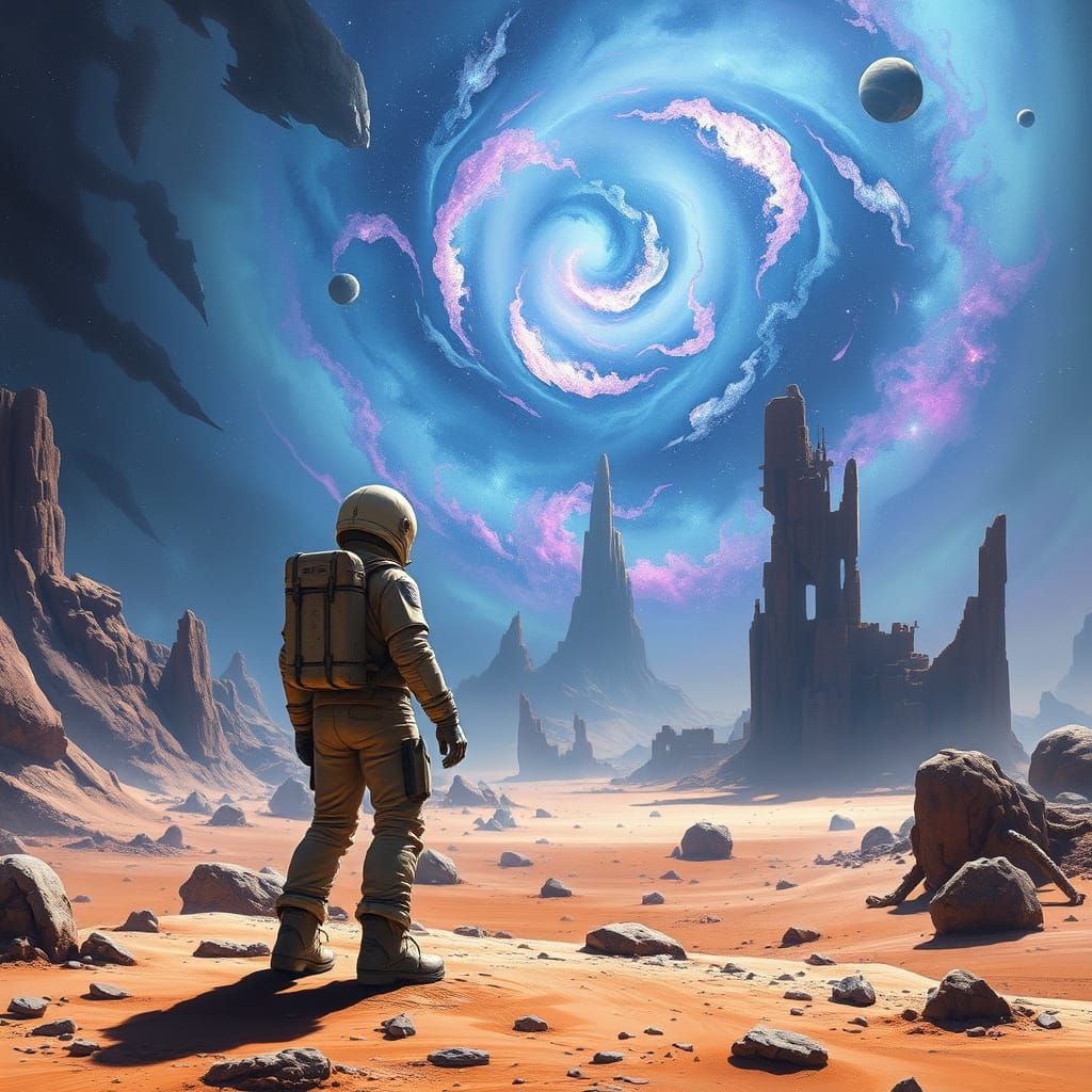 Astronaut Contemplates Cosmic Beauty on Barren Alien World