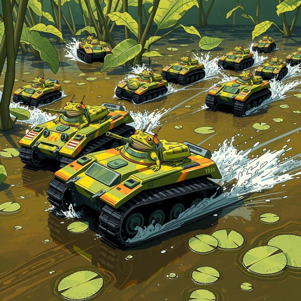 Cyberpunk Toad Tank Wars on a Hectic Pond