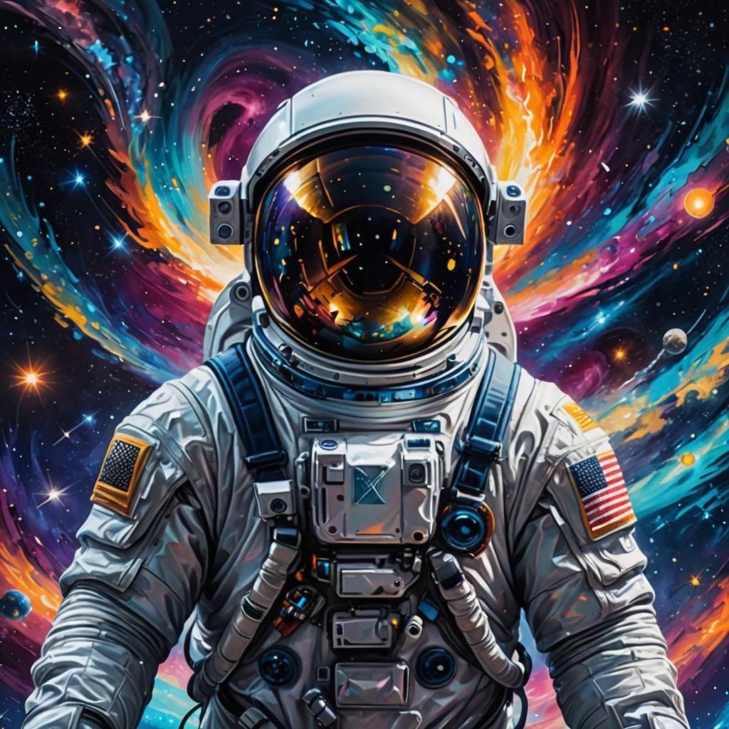 Astronaut in Space Reflecting Galaxy: Oil Painting