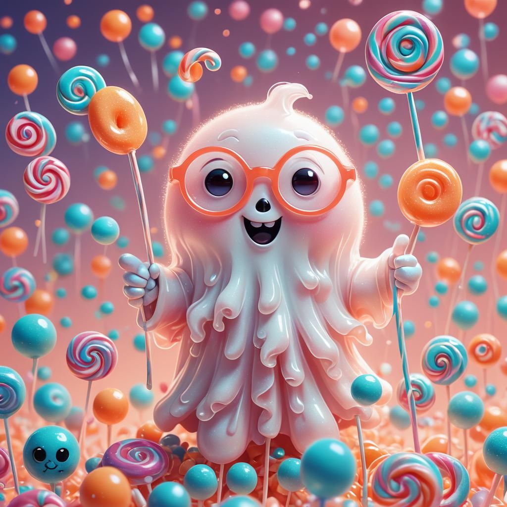 Playful Ghost Waving Wand in Candy Art Style