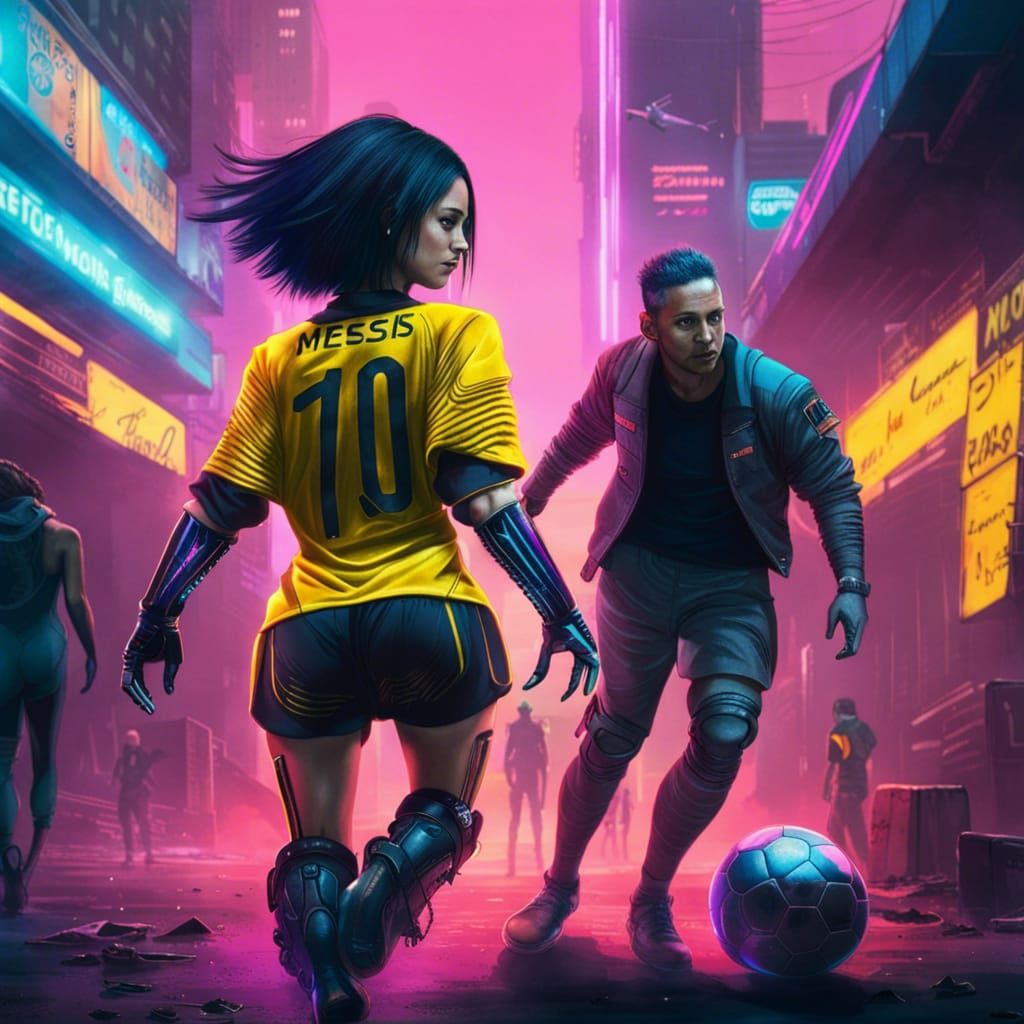 Alita and Messi Play Football in Cyberpunk 2099