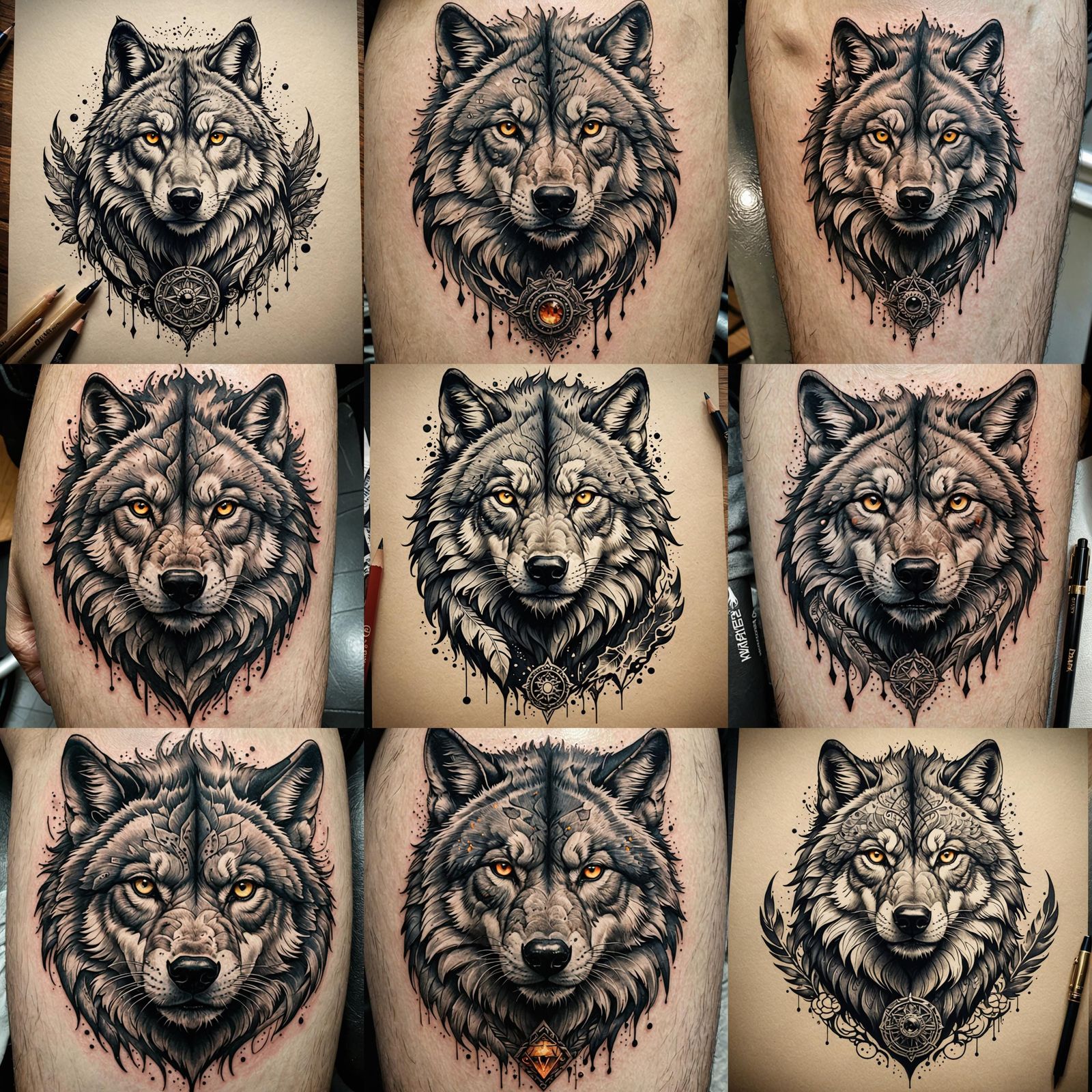 Wolf Tattoo with Eagle Eyes and Lion Mane in 3D