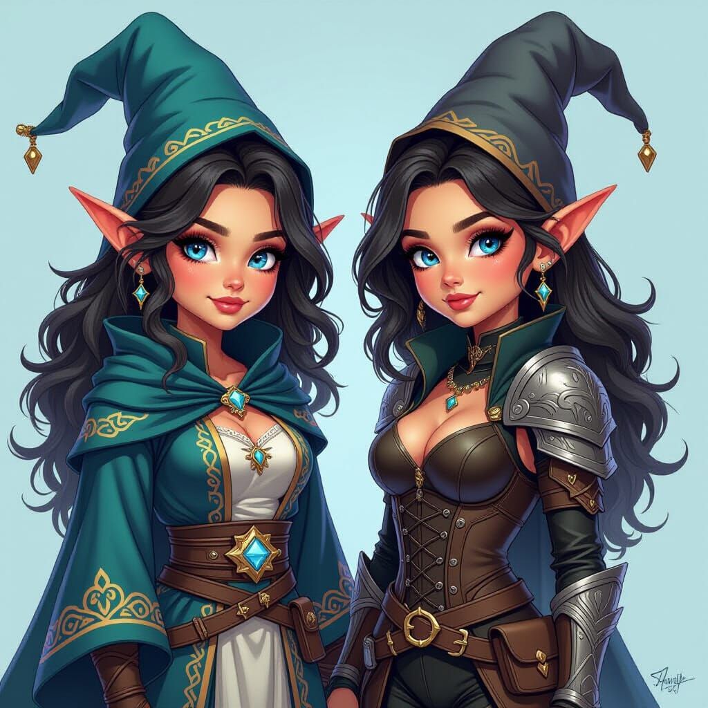 Fantasy Twin Gnomes: Wizard and Rogue Sisters