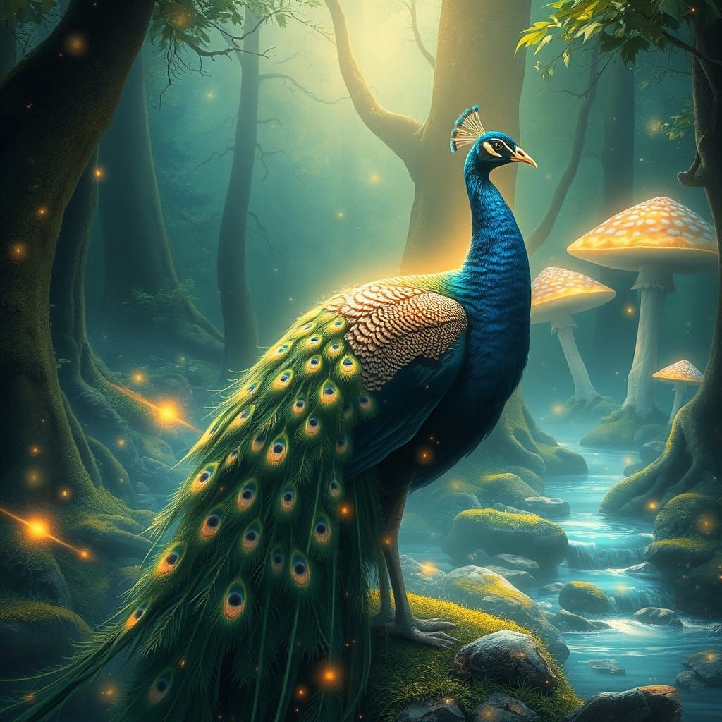 Regal Peacock in Dreamlike Forest with Ethereal Light