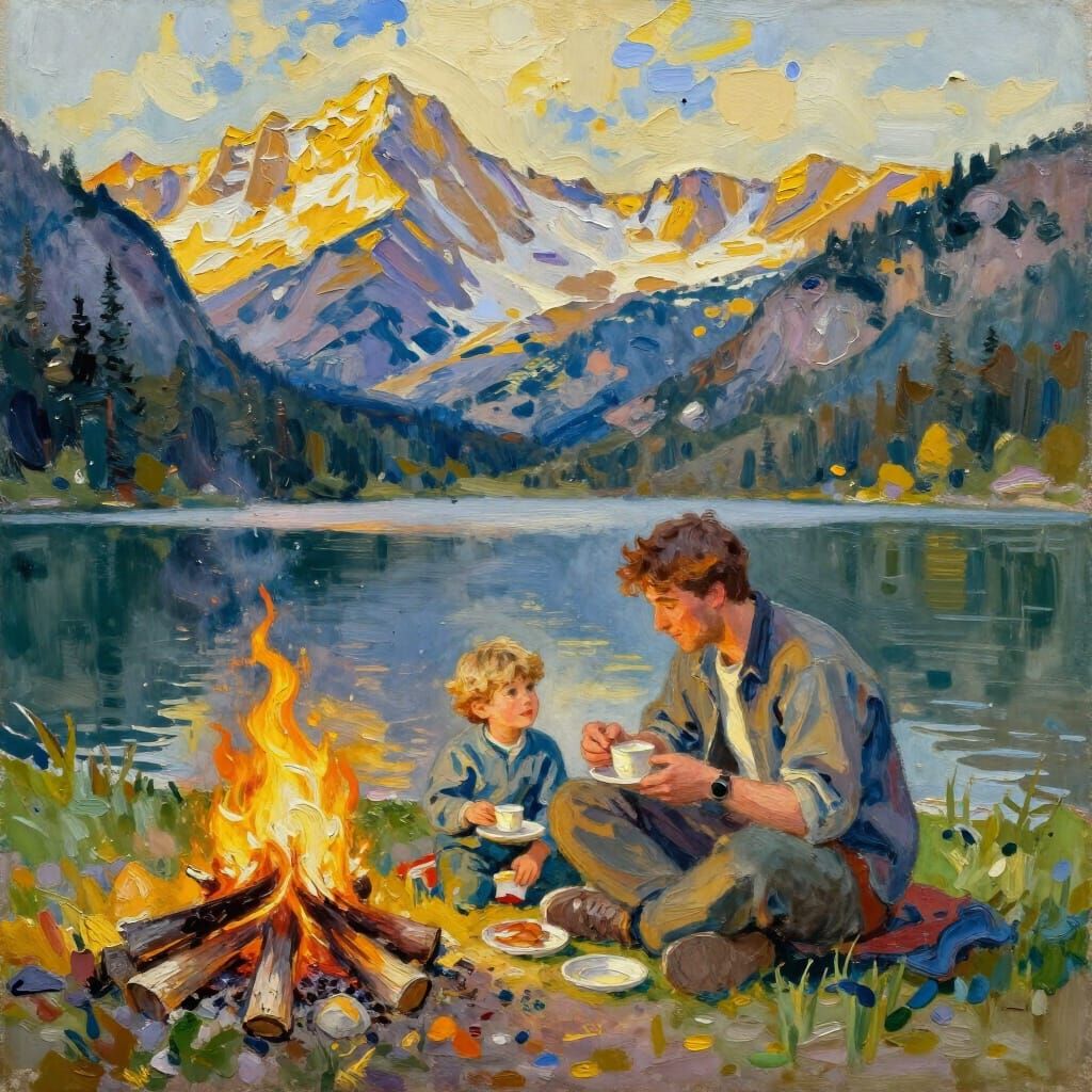 Father and Son Breakfast by Mountain Lake in Gouache Style