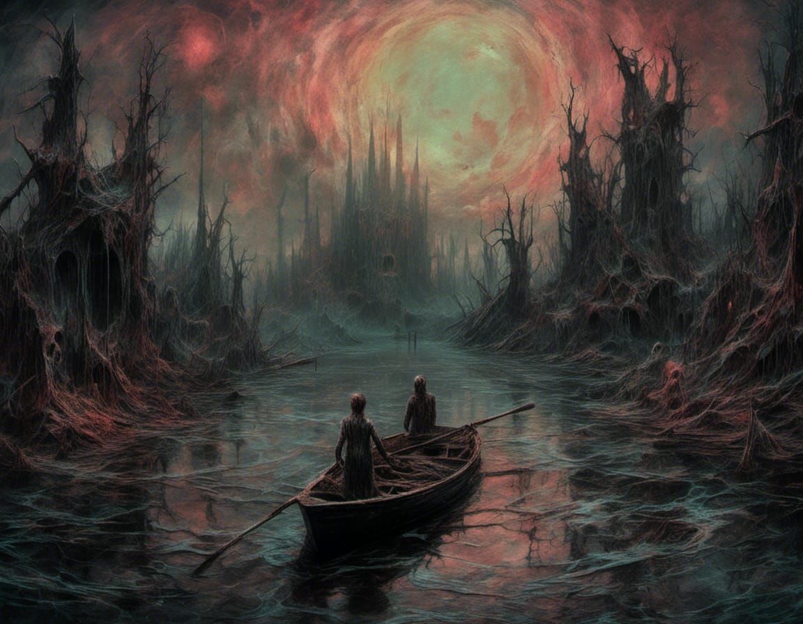 River Styx Voyage in Macabre Pastel Art