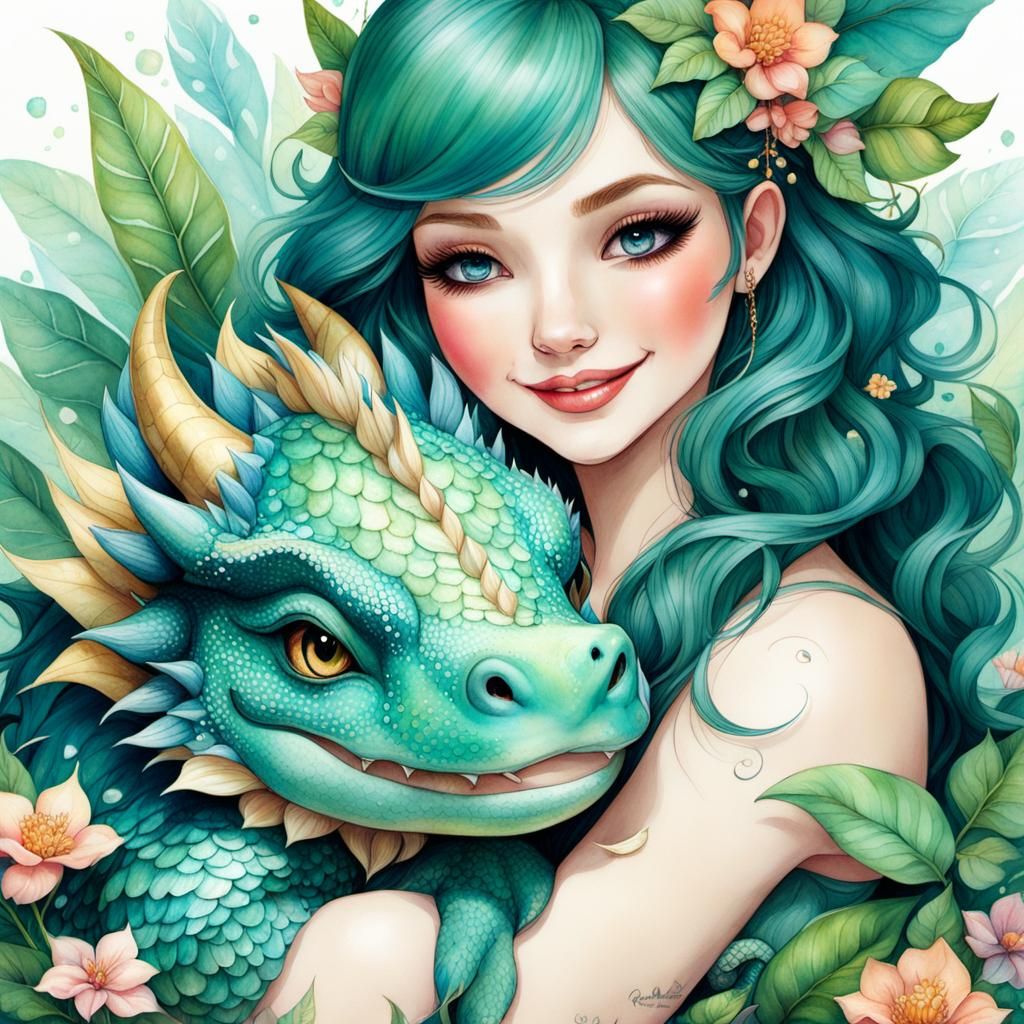 Girl and Dragon in Emerald Jungle, Watercolor Illustration