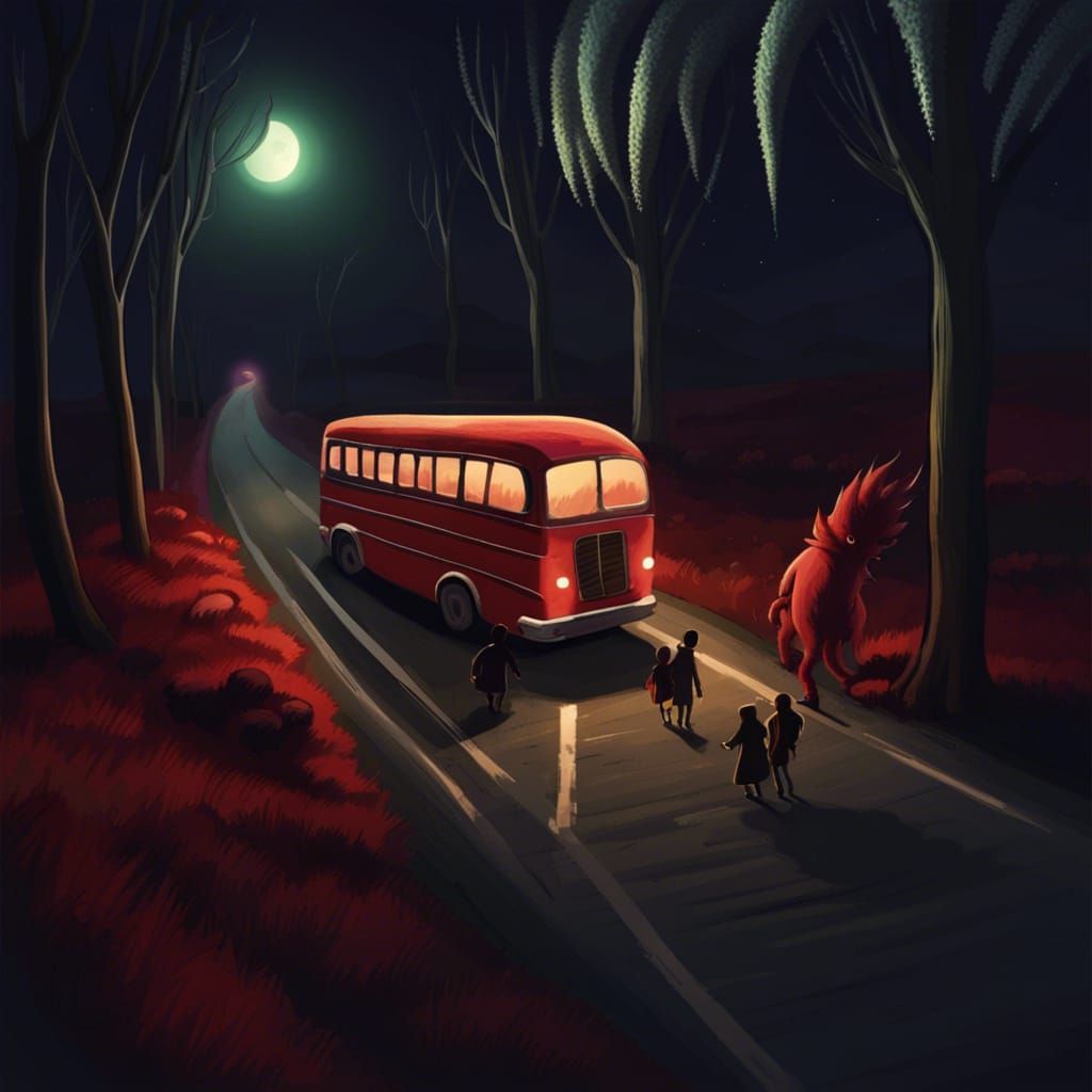 Monster Approaches Party Bus on a Lonely Road
