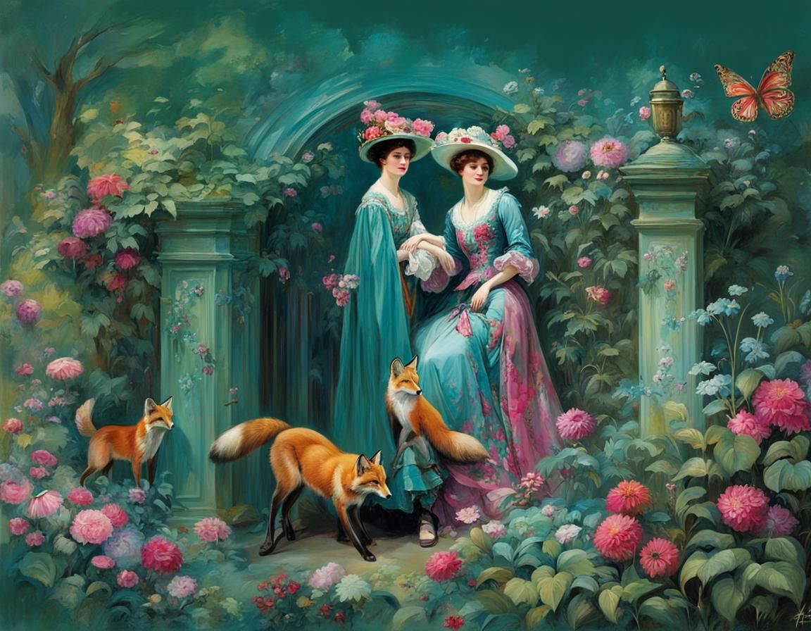 Woman and Fox in Fauvist Flower Forest