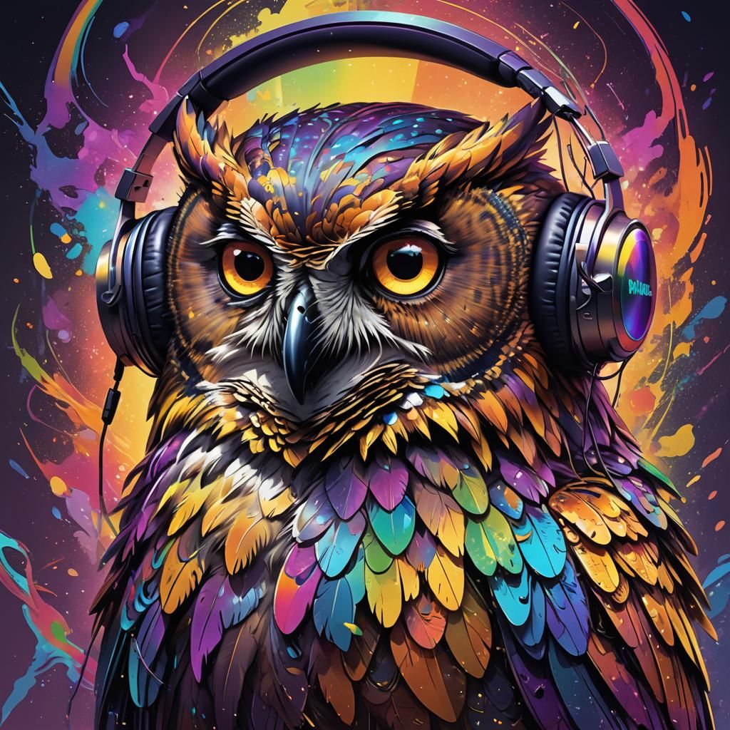 Majestic Owl with Headphones in Dark Fantasy Art