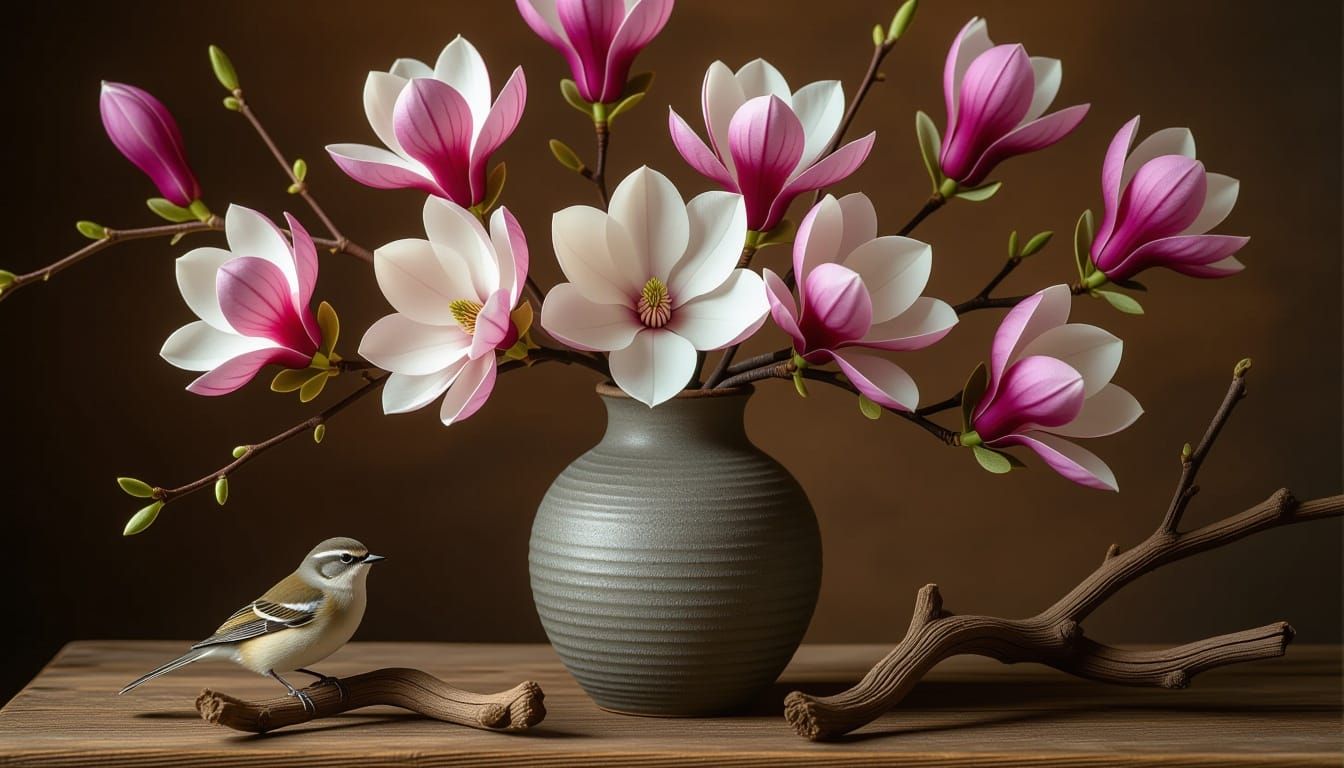 Magnolia Still Life with Bird's Nest in Ceramic Vase