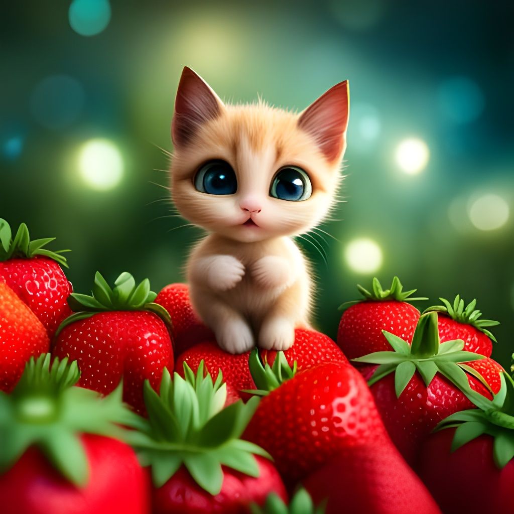 Chibi Kitten Frolics Among Giant Strawberries