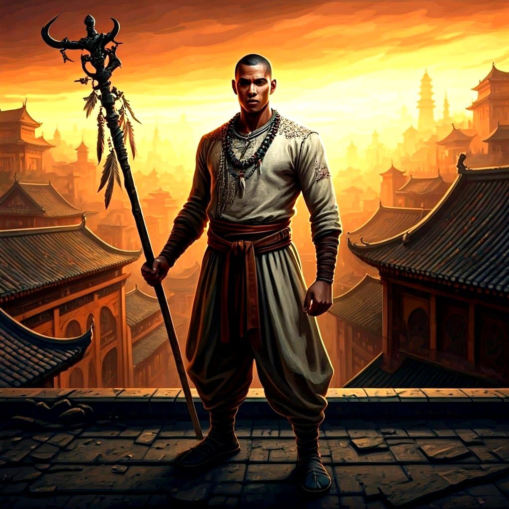 Warrior Monk Overlooking Fantasy City