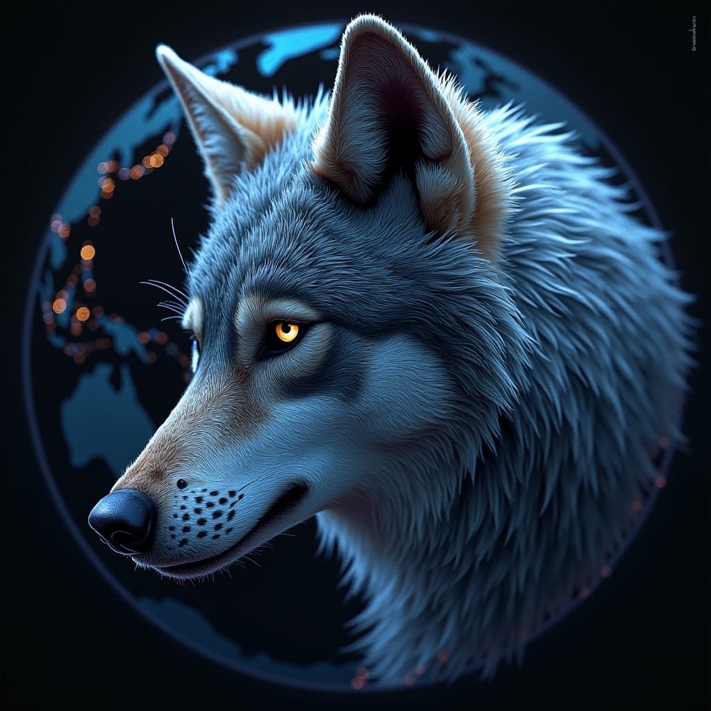 Wolf Face on Luminous World Globe: Fantasy Art