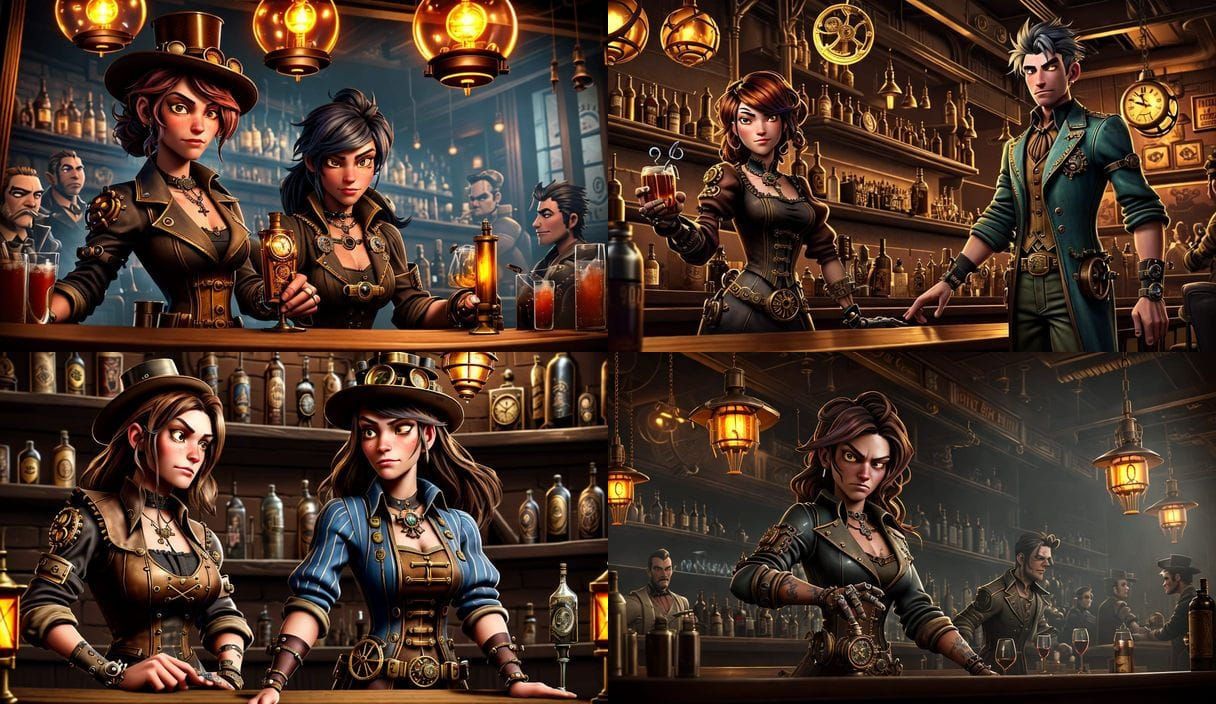 Steampunk Bartender Serving Drinks in Smoky Bar Scene