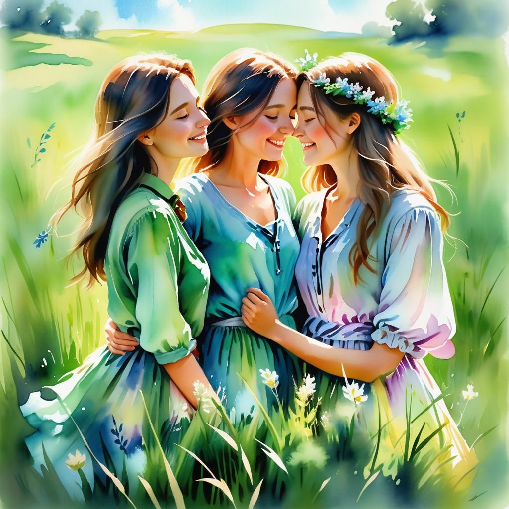 Friends Embracing in Lush Meadow as Watercolor Painting