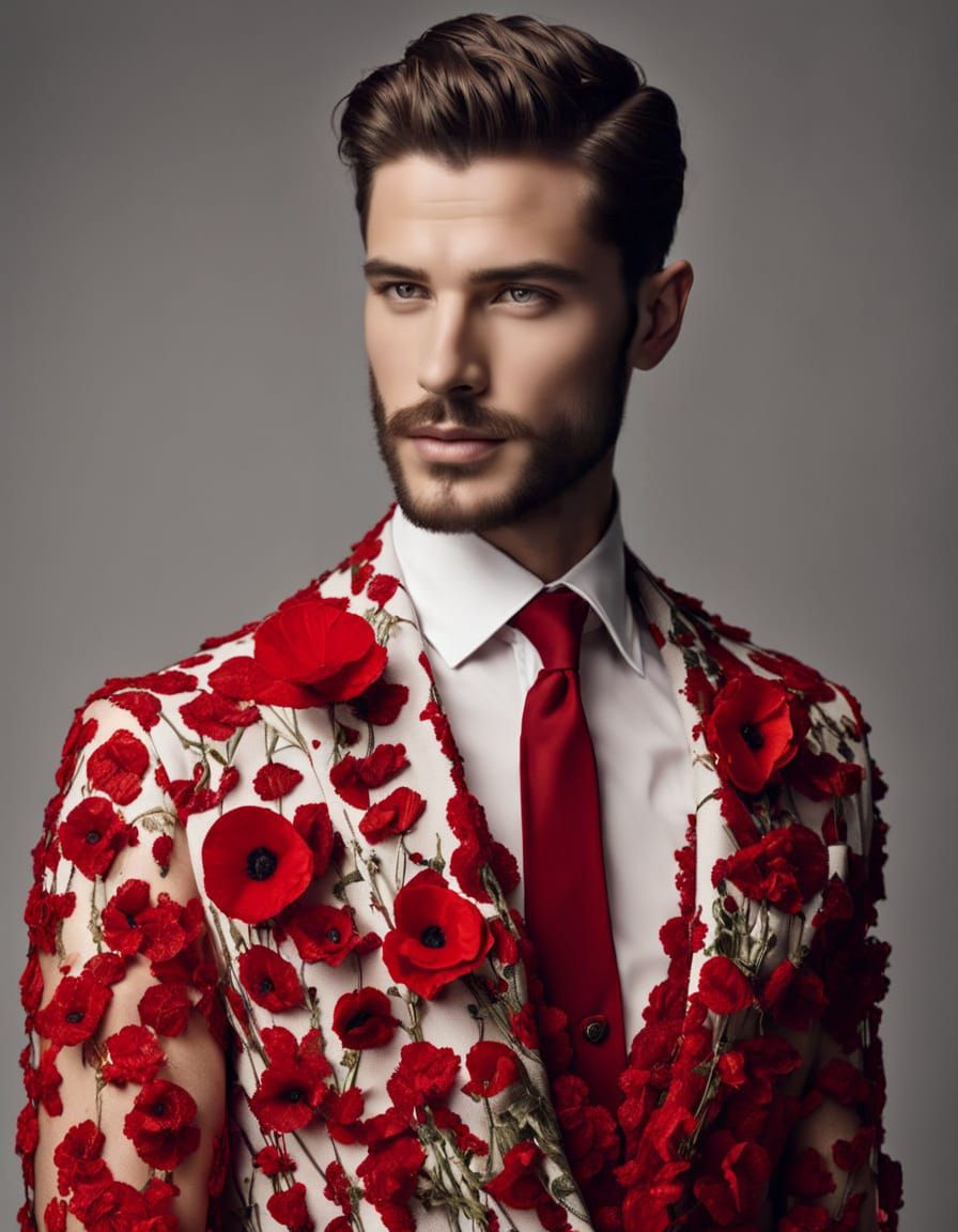 Elegant Man Wears Poppies as Haute Couture Suit in Monochrom...