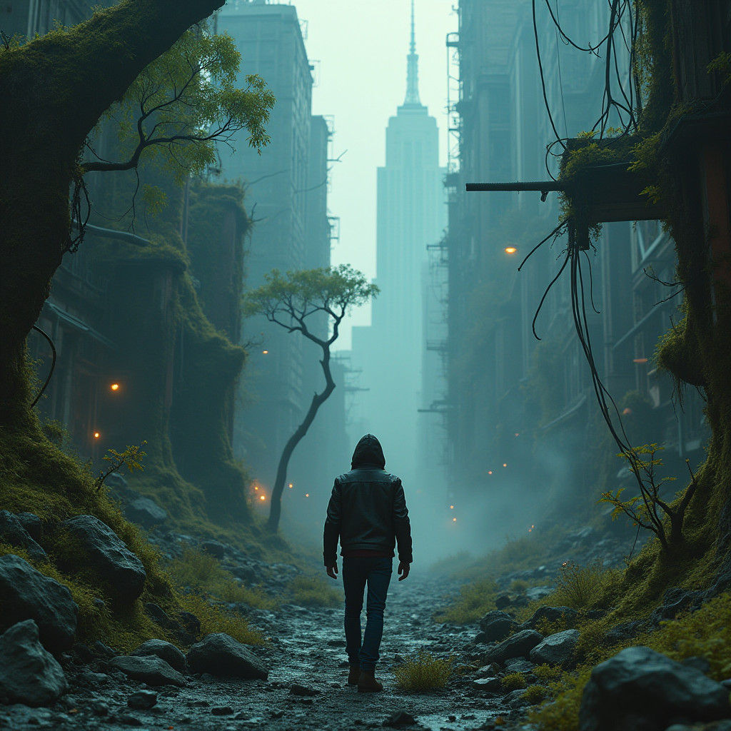 Post-Apocalyptic Cityscape with Bioluminescent Plants