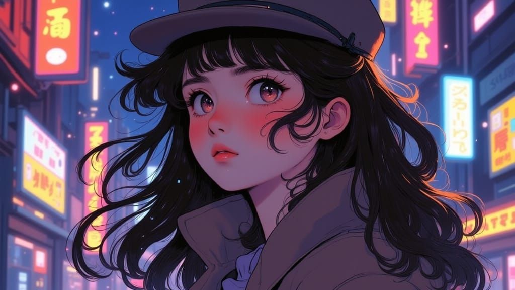 1980s Anime City Pop Noir Art: Woman on Neon Street