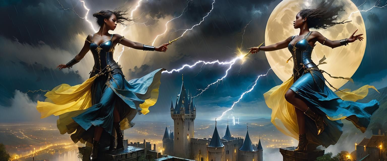 Dark Goddesses Hurl Lightning in Castle Courtyard