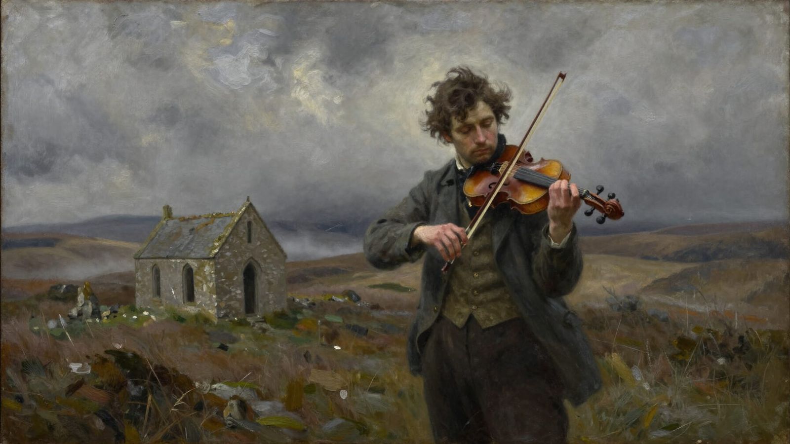 Victorian Violinist on Windswept Moor Oil Painting