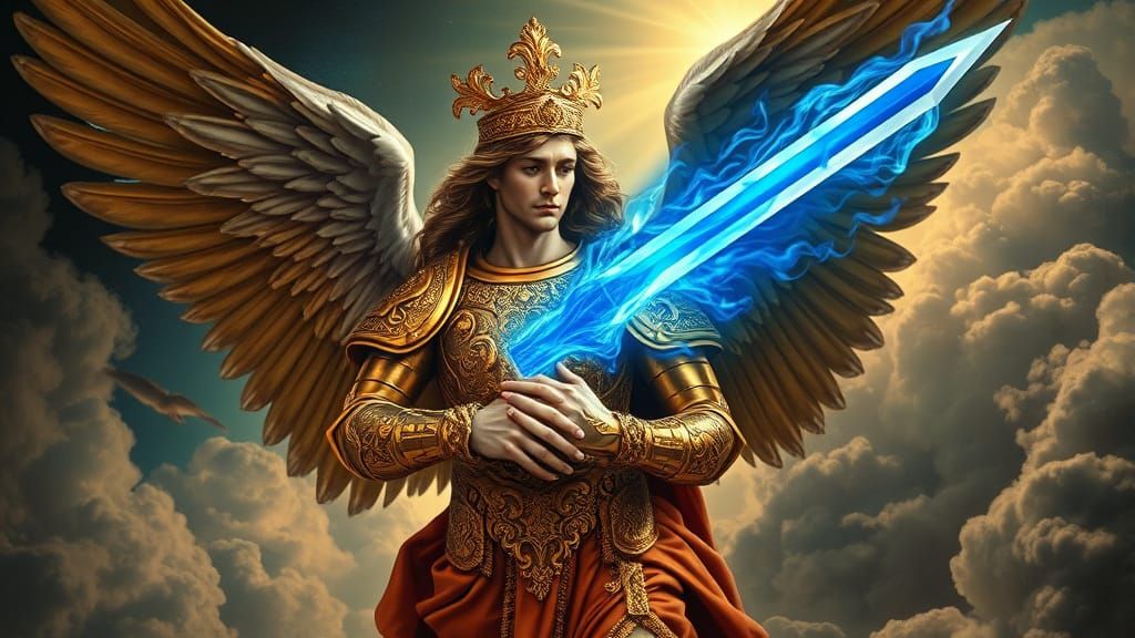 Archangel Michael with Fiery Sword in Surreal Style