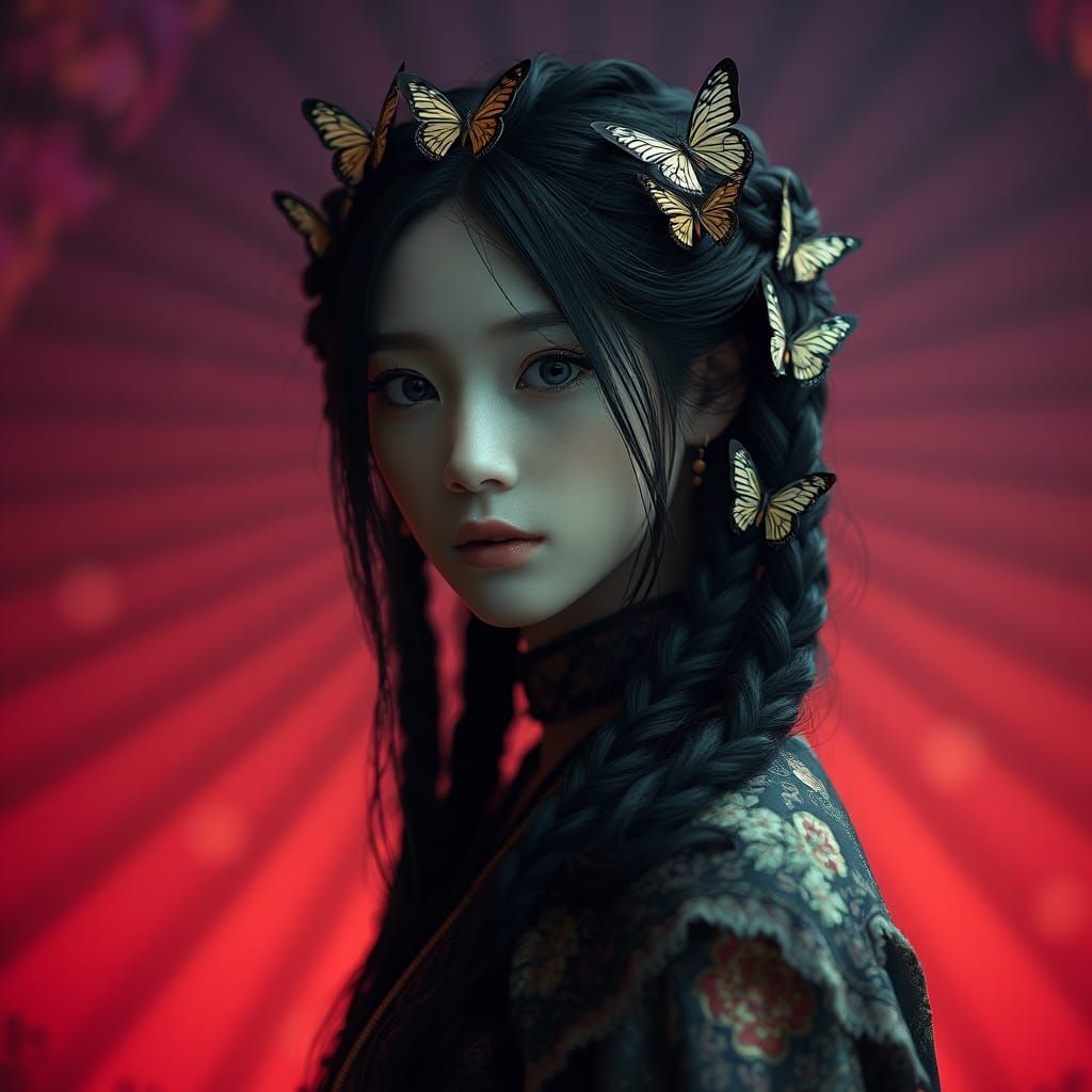 Japanese-inspired dark fantasy portrait. Close-up head and s...