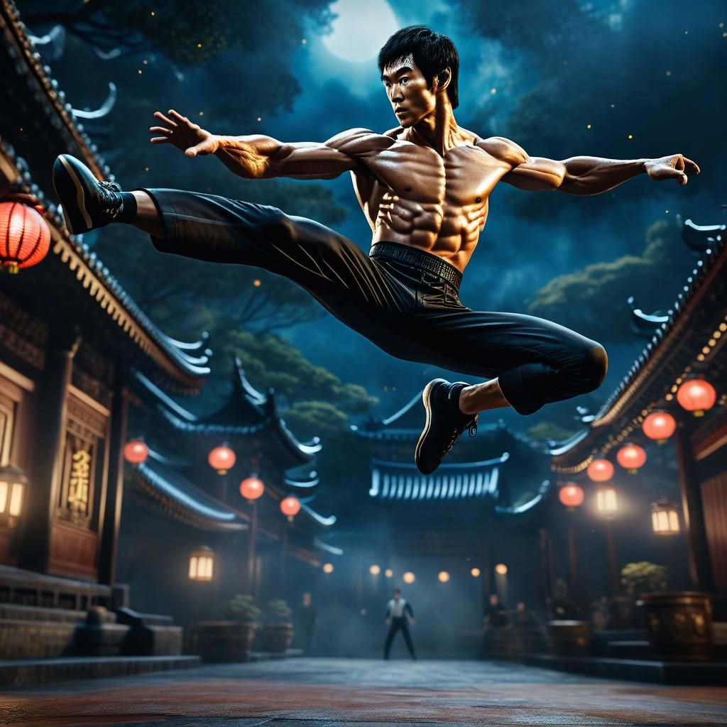 Bruce Lee flying jump-kick