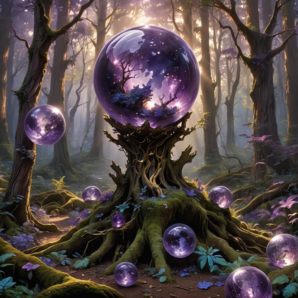 Celestial Amethyst Orb in Ancient Forest: 3D Anime Art