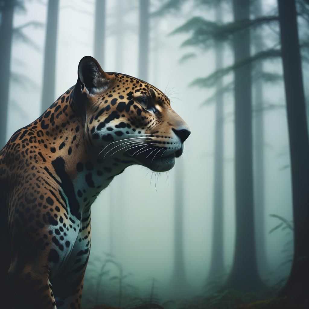 Jaguar Silhouette in Foggy Forest: Cinematic Still