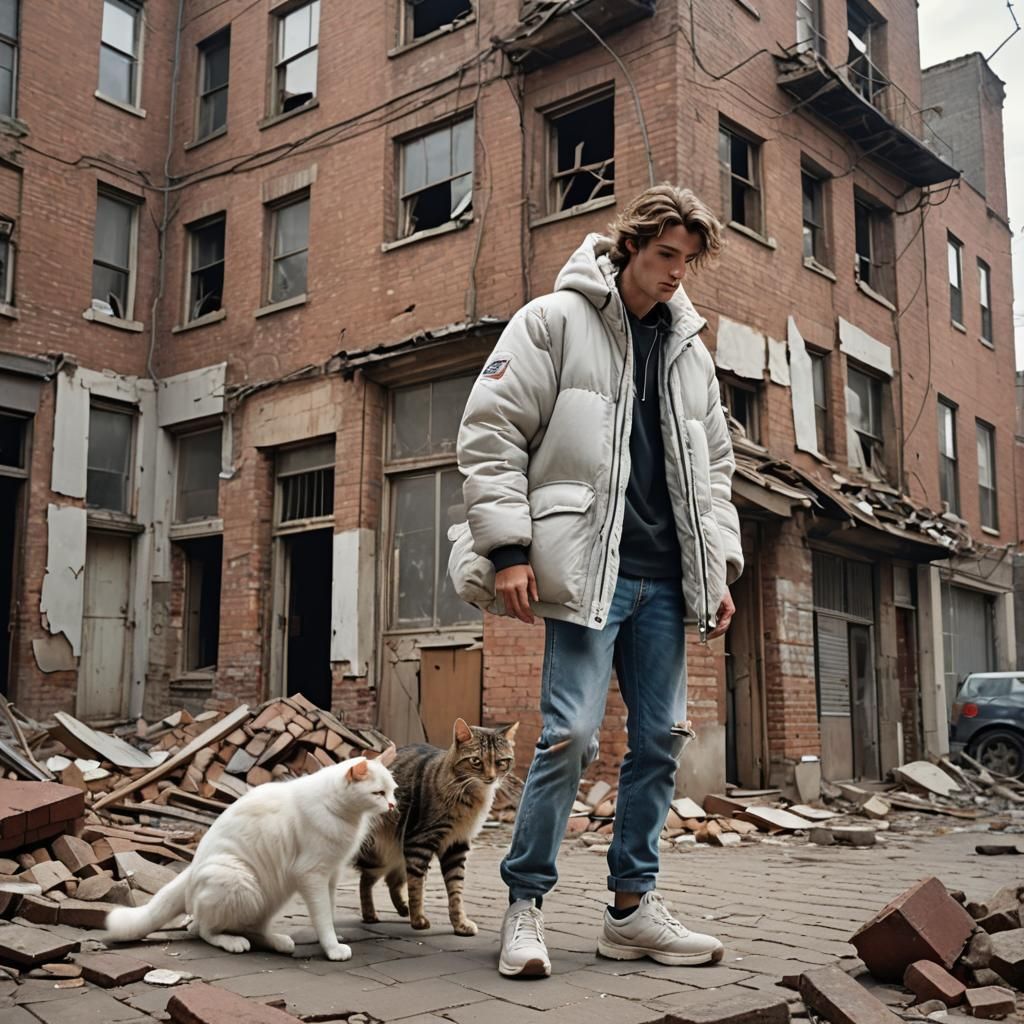 Surreal Urban Scene: Man and Cat in Dystopian Setting