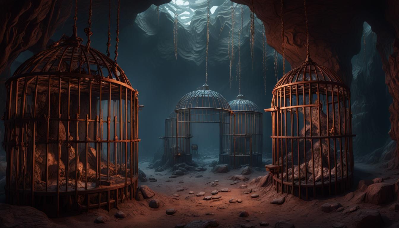Horror Cave with Cages and Cannibals: Detailed Matte Paintin...